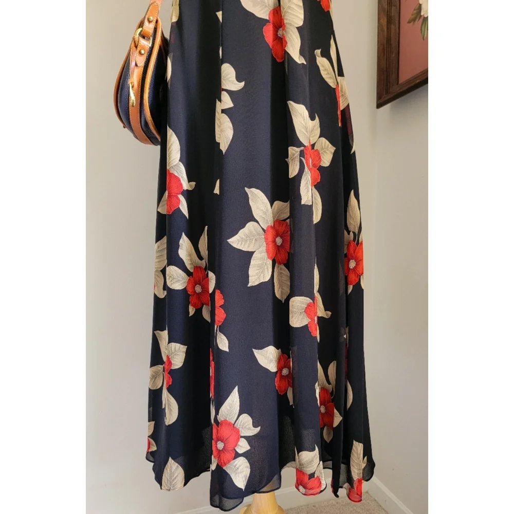 90s Black Floral Silk Scoop Neck 1990s Vintage Fully Lined Sleeveless Midi Dress - Picture 6 of 14